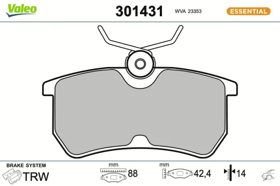 Bremsbelagsatz, Scheibenbremse Hinterachse VALEO 301431 Bild Bremsbelagsatz, Scheibenbremse Hinterachse VALEO 301431