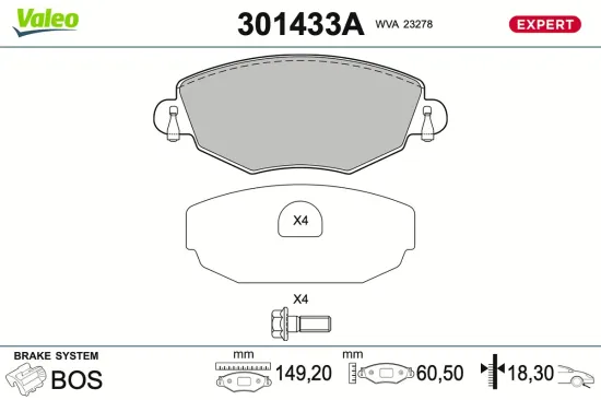 Bremsbelagsatz, Scheibenbremse Vorderachse VALEO 301433A Bild Bremsbelagsatz, Scheibenbremse Vorderachse VALEO 301433A