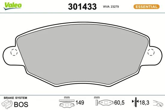 Bremsbelagsatz, Scheibenbremse Vorderachse VALEO 301433 Bild Bremsbelagsatz, Scheibenbremse Vorderachse VALEO 301433