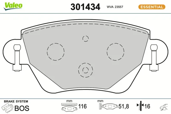 Bremsbelagsatz, Scheibenbremse Hinterachse VALEO 301434 Bild Bremsbelagsatz, Scheibenbremse Hinterachse VALEO 301434