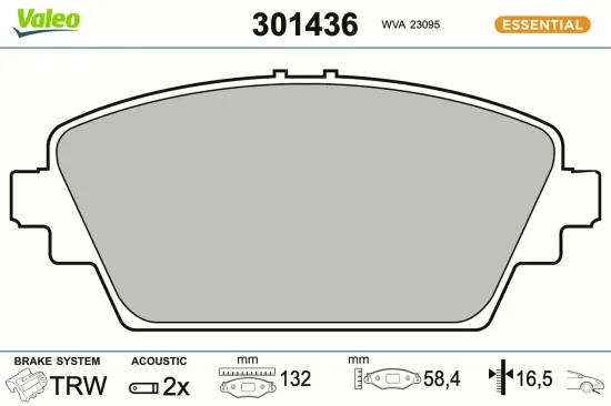 Bremsbelagsatz, Scheibenbremse Vorderachse VALEO 301436 Bild Bremsbelagsatz, Scheibenbremse Vorderachse VALEO 301436