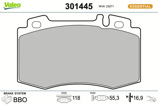 Bremsbelagsatz, Scheibenbremse Vorderachse VALEO 301445 Bild Bremsbelagsatz, Scheibenbremse Vorderachse VALEO 301445