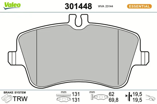 Bremsbelagsatz, Scheibenbremse Vorderachse VALEO 301448 Bild Bremsbelagsatz, Scheibenbremse Vorderachse VALEO 301448