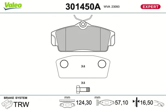 Bremsbelagsatz, Scheibenbremse Vorderachse VALEO 301450A Bild Bremsbelagsatz, Scheibenbremse Vorderachse VALEO 301450A