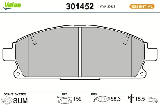 Bremsbelagsatz, Scheibenbremse Vorderachse VALEO 301452 Bild Bremsbelagsatz, Scheibenbremse Vorderachse VALEO 301452
