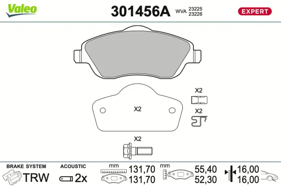 Bremsbelagsatz, Scheibenbremse Vorderachse VALEO 301456A Bild Bremsbelagsatz, Scheibenbremse Vorderachse VALEO 301456A