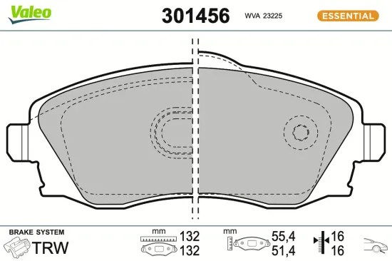 Bremsbelagsatz, Scheibenbremse Vorderachse VALEO 301456 Bild Bremsbelagsatz, Scheibenbremse Vorderachse VALEO 301456