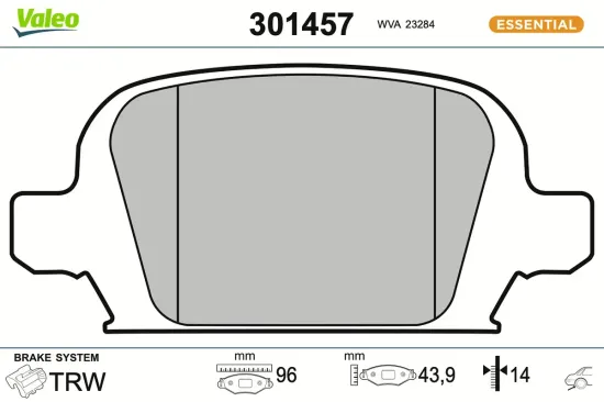 Bremsbelagsatz, Scheibenbremse Hinterachse VALEO 301457 Bild Bremsbelagsatz, Scheibenbremse Hinterachse VALEO 301457