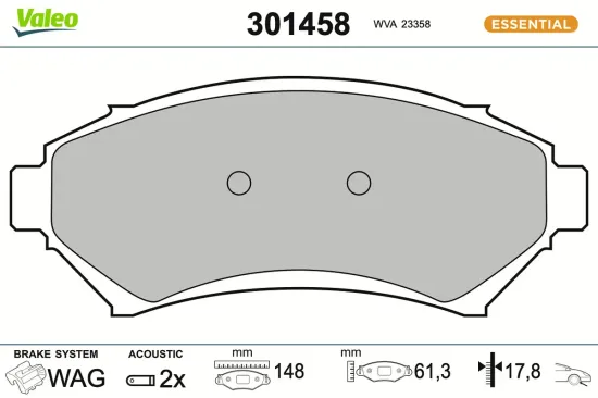 Bremsbelagsatz, Scheibenbremse Vorderachse VALEO 301458 Bild Bremsbelagsatz, Scheibenbremse Vorderachse VALEO 301458
