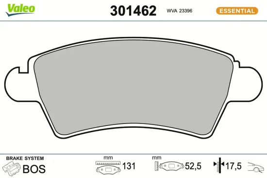 Bremsbelagsatz, Scheibenbremse Vorderachse VALEO 301462 Bild Bremsbelagsatz, Scheibenbremse Vorderachse VALEO 301462