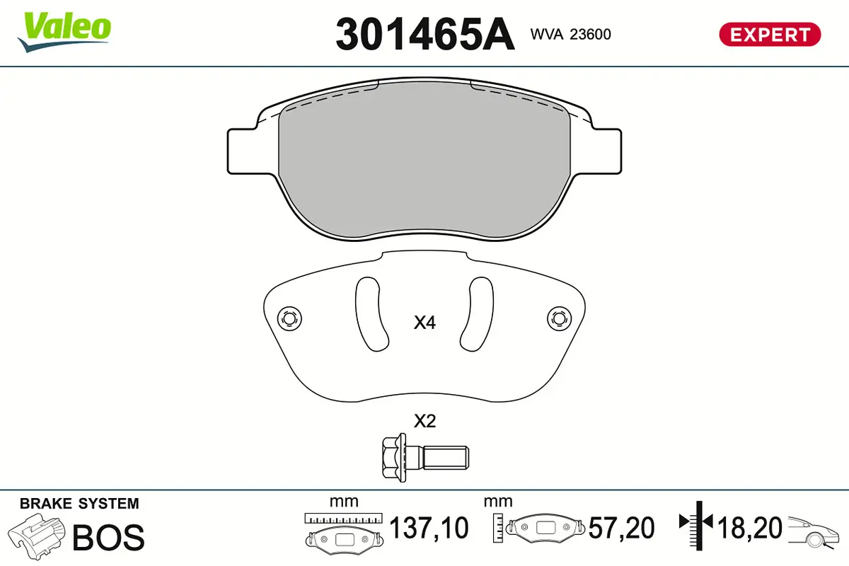 Bremsbelagsatz, Scheibenbremse Vorderachse VALEO 301465A