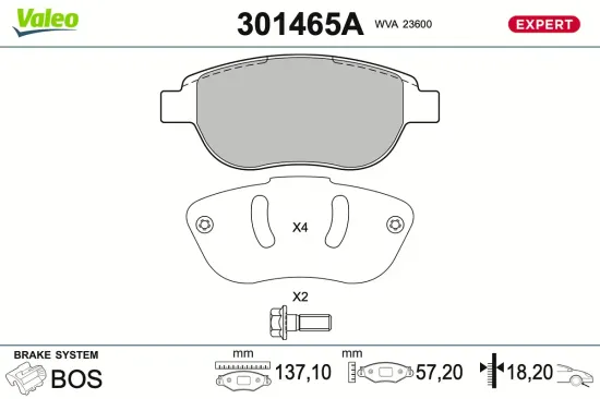 Bremsbelagsatz, Scheibenbremse Vorderachse VALEO 301465A Bild Bremsbelagsatz, Scheibenbremse Vorderachse VALEO 301465A