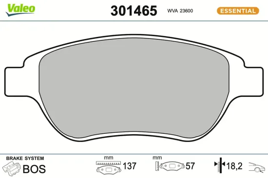 Bremsbelagsatz, Scheibenbremse Vorderachse VALEO 301465 Bild Bremsbelagsatz, Scheibenbremse Vorderachse VALEO 301465