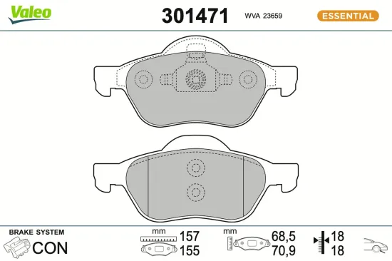 Bremsbelagsatz, Scheibenbremse Vorderachse VALEO 301471 Bild Bremsbelagsatz, Scheibenbremse Vorderachse VALEO 301471