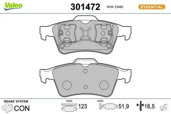 Bremsbelagsatz, Scheibenbremse Hinterachse VALEO 301472 Bild Bremsbelagsatz, Scheibenbremse Hinterachse VALEO 301472