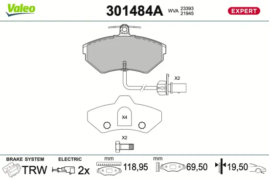 Bremsbelagsatz, Scheibenbremse Vorderachse VALEO 301484A Bild Bremsbelagsatz, Scheibenbremse Vorderachse VALEO 301484A