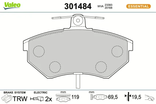 Bremsbelagsatz, Scheibenbremse Vorderachse VALEO 301484 Bild Bremsbelagsatz, Scheibenbremse Vorderachse VALEO 301484