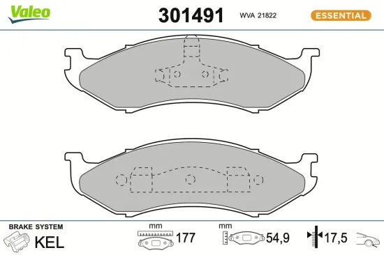 Bremsbelagsatz, Scheibenbremse Vorderachse VALEO 301491 Bild Bremsbelagsatz, Scheibenbremse Vorderachse VALEO 301491