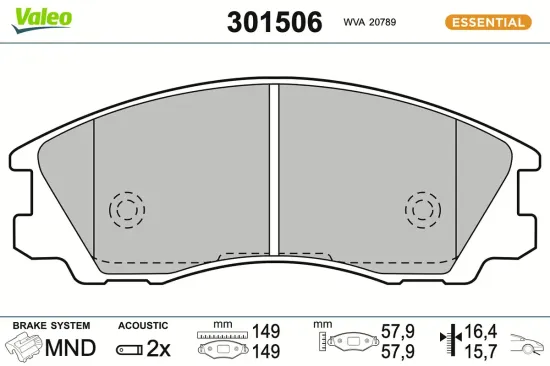 Bremsbelagsatz, Scheibenbremse Vorderachse VALEO 301506 Bild Bremsbelagsatz, Scheibenbremse Vorderachse VALEO 301506