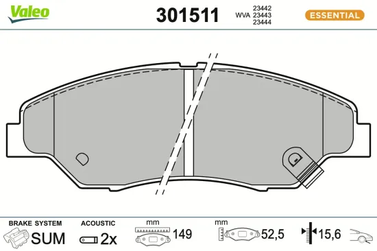 Bremsbelagsatz, Scheibenbremse Vorderachse VALEO 301511 Bild Bremsbelagsatz, Scheibenbremse Vorderachse VALEO 301511