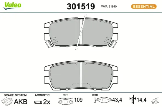 Bremsbelagsatz, Scheibenbremse Hinterachse VALEO 301519 Bild Bremsbelagsatz, Scheibenbremse Hinterachse VALEO 301519