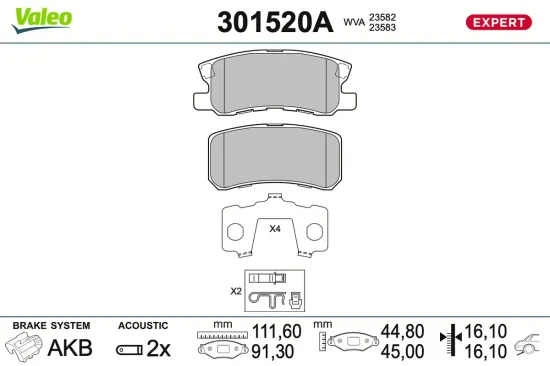 Bremsbelagsatz, Scheibenbremse Hinterachse VALEO 301520A Bild Bremsbelagsatz, Scheibenbremse Hinterachse VALEO 301520A