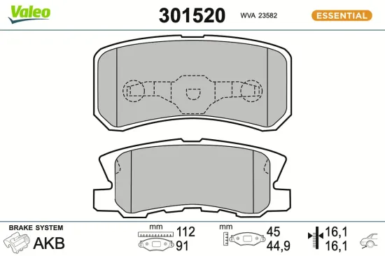 Bremsbelagsatz, Scheibenbremse Hinterachse VALEO 301520 Bild Bremsbelagsatz, Scheibenbremse Hinterachse VALEO 301520