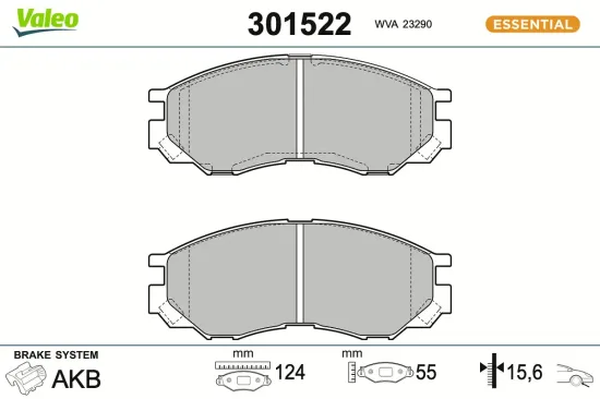 Bremsbelagsatz, Scheibenbremse Vorderachse VALEO 301522 Bild Bremsbelagsatz, Scheibenbremse Vorderachse VALEO 301522