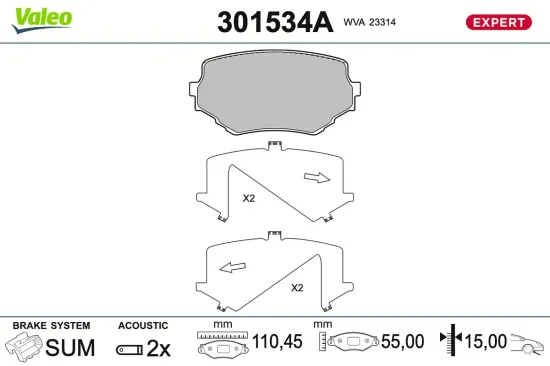 Bremsbelagsatz, Scheibenbremse Vorderachse VALEO 301534A Bild Bremsbelagsatz, Scheibenbremse Vorderachse VALEO 301534A