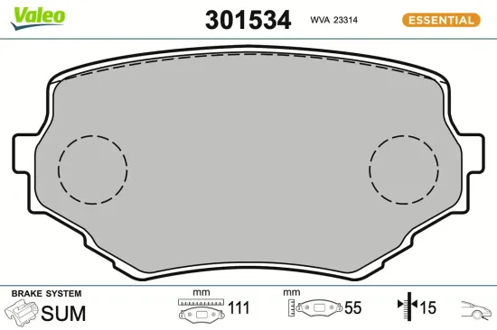 Bremsbelagsatz, Scheibenbremse Vorderachse VALEO 301534 Bild Bremsbelagsatz, Scheibenbremse Vorderachse VALEO 301534