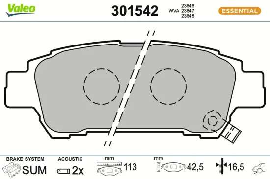 Bremsbelagsatz, Scheibenbremse Hinterachse VALEO 301542 Bild Bremsbelagsatz, Scheibenbremse Hinterachse VALEO 301542