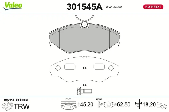 Bremsbelagsatz, Scheibenbremse Vorderachse VALEO 301545A Bild Bremsbelagsatz, Scheibenbremse Vorderachse VALEO 301545A