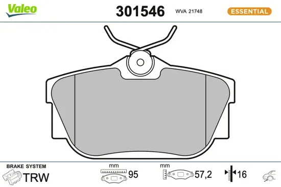 Bremsbelagsatz, Scheibenbremse Hinterachse VALEO 301546 Bild Bremsbelagsatz, Scheibenbremse Hinterachse VALEO 301546