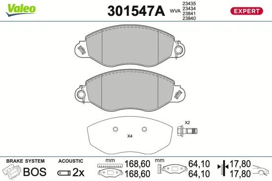 Bremsbelagsatz, Scheibenbremse Vorderachse VALEO 301547A Bild Bremsbelagsatz, Scheibenbremse Vorderachse VALEO 301547A