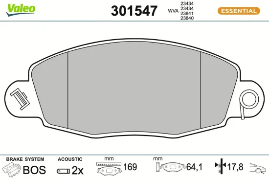 Bremsbelagsatz, Scheibenbremse Vorderachse VALEO 301547 Bild Bremsbelagsatz, Scheibenbremse Vorderachse VALEO 301547