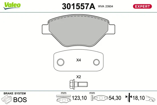 Bremsbelagsatz, Scheibenbremse Vorderachse VALEO 301557A Bild Bremsbelagsatz, Scheibenbremse Vorderachse VALEO 301557A