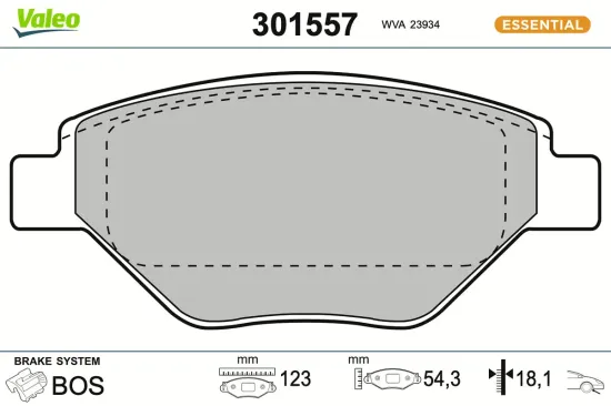 Bremsbelagsatz, Scheibenbremse Vorderachse VALEO 301557 Bild Bremsbelagsatz, Scheibenbremse Vorderachse VALEO 301557