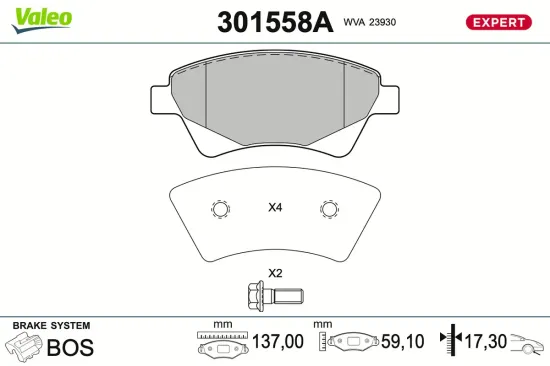 Bremsbelagsatz, Scheibenbremse Vorderachse VALEO 301558A Bild Bremsbelagsatz, Scheibenbremse Vorderachse VALEO 301558A