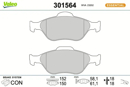 Bremsbelagsatz, Scheibenbremse Vorderachse VALEO 301564 Bild Bremsbelagsatz, Scheibenbremse Vorderachse VALEO 301564