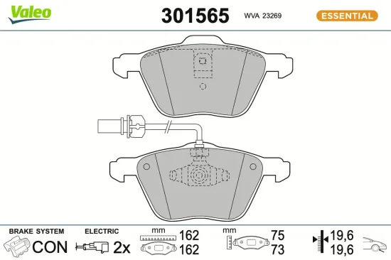 Bremsbelagsatz, Scheibenbremse Vorderachse VALEO 301565 Bild Bremsbelagsatz, Scheibenbremse Vorderachse VALEO 301565