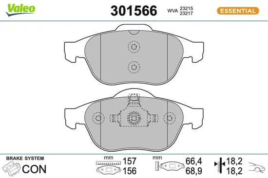 Bremsbelagsatz, Scheibenbremse Vorderachse VALEO 301566 Bild Bremsbelagsatz, Scheibenbremse Vorderachse VALEO 301566