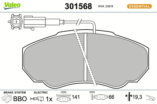 Bremsbelagsatz, Scheibenbremse Vorderachse VALEO 301568 Bild Bremsbelagsatz, Scheibenbremse Vorderachse VALEO 301568