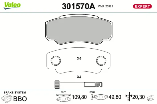 Bremsbelagsatz, Scheibenbremse Hinterachse VALEO 301570A Bild Bremsbelagsatz, Scheibenbremse Hinterachse VALEO 301570A