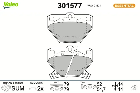 Bremsbelagsatz, Scheibenbremse Hinterachse VALEO 301577 Bild Bremsbelagsatz, Scheibenbremse Hinterachse VALEO 301577