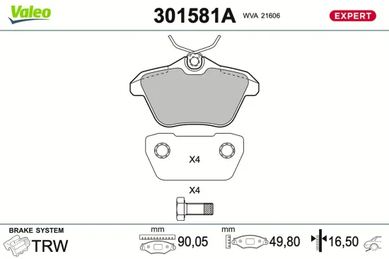 Bremsbelagsatz, Scheibenbremse Hinterachse VALEO 301581A Bild Bremsbelagsatz, Scheibenbremse Hinterachse VALEO 301581A