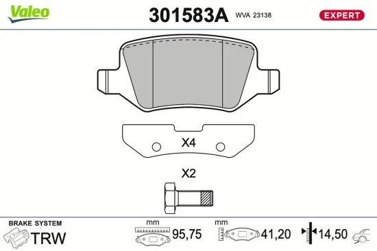 Bremsbelagsatz, Scheibenbremse Hinterachse VALEO 301583A Bild Bremsbelagsatz, Scheibenbremse Hinterachse VALEO 301583A