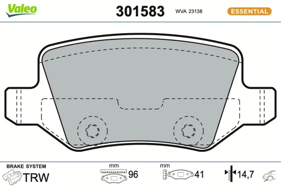 Bremsbelagsatz, Scheibenbremse Hinterachse VALEO 301583 Bild Bremsbelagsatz, Scheibenbremse Hinterachse VALEO 301583