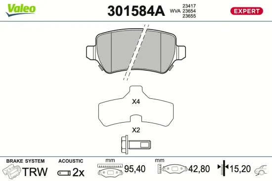 Bremsbelagsatz, Scheibenbremse Hinterachse VALEO 301584A Bild Bremsbelagsatz, Scheibenbremse Hinterachse VALEO 301584A