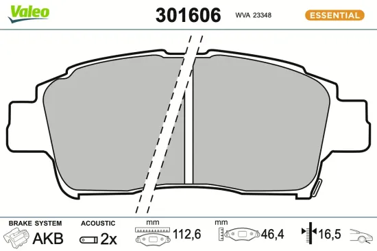 Bremsbelagsatz, Scheibenbremse Vorderachse VALEO 301606 Bild Bremsbelagsatz, Scheibenbremse Vorderachse VALEO 301606