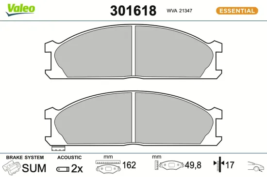 Bremsbelagsatz, Scheibenbremse Vorderachse VALEO 301618 Bild Bremsbelagsatz, Scheibenbremse Vorderachse VALEO 301618